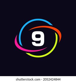 Diseño De Logotipos De Tecnología En Concepto De 9 Cartas. Logotipo de tecnología de la carta 9. Plantilla de logotipo de red