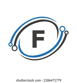 Diseño De Logotipos De Tecnología En El Concepto De Letra F. Plantilla de logotipo de red tecnológica