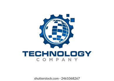 Technology logo design vector illustration of gears and globe fragment particles.