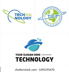Technology logo with earth planet line art suitable for business company modern institute