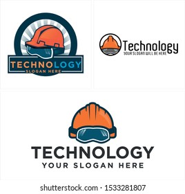 Technology logo with helmet glasses circle rectangle vector suitable for virtual reality safety software business