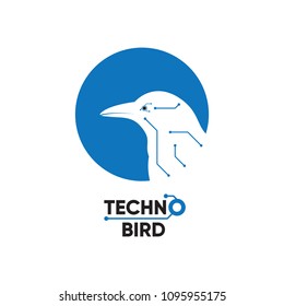 Technology Logo Icon. Bird Techno Computer Chip Innovation Communication Modern Design Concept. Abstract Silhouette Bird with Network Wire Connector Line Vector Illustration