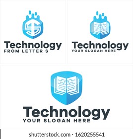 Technology logo icon with blue shiny letter S digital tech book concept vector suitable for cyber security training coaching online learning design corporate school