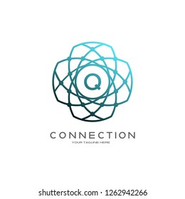 technology logo, industrial emblem or sign, symbol, electricity, connection, mono lines, monogram logo, icon tech, Q,