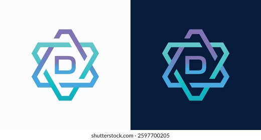technology logo letter D with hexagon circuit line style for digital, data, connection with purple and blue gradient color