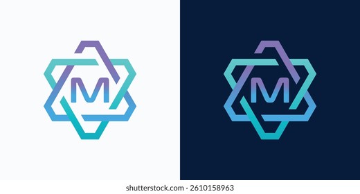 technology logo letter M with hexagon circuit line style for digital, data, connection