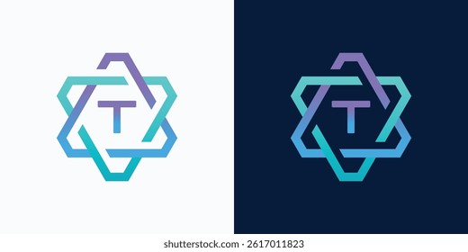 technology logo letter T with hexagon circuit line style for digital, data, connection