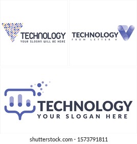 Technology logo with letter v tech strip dot and bubble chat vector illustration suitable for communications network human community