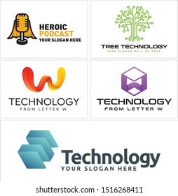 Technology logo with microphone cloak. tree tech green and initial W box vector suitable for internet podcast business company