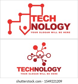 Technology logo with people tech molecule red vector suitable for internet software business company