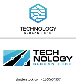 Technology logo with shape hexagon square dot line circuit connected symbol icon vector modern suitable for machine computer science technical web