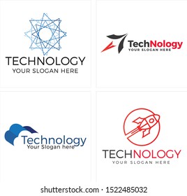 Technology logo with triangle square geometric blue rocket red circle and cloud line art vector suitable for business company website agency