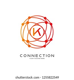 Technology logo vector with world concept, industrial emblem or symbol, sign, earth shape, mono lines,creative tech icon design, illustration element, K,