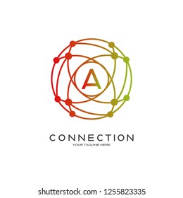 Technology logo vector with world concept, industrial emblem or symbol, sign, earth shape, mono lines,creative tech icon design, illustration element, A,