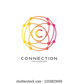 Technology logo vector with world concept, industrial emblem or symbol, sign, earth shape, mono lines,creative tech icon design, illustration element, C