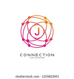 Technology logo vector with world concept, industrial emblem or symbol, sign, earth shape, mono lines,creative tech icon design, illustration element, J