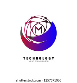 Technology logo vector with world concept, industrial emblem or symbol, sign, earth shape, mono lines,creative tech icon design, illustration element, M