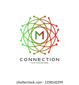 Technology logo vector with world concept, industrial emblem or symbol, sign, earth shape, mono lines,creative tech icon design, illustration element, M