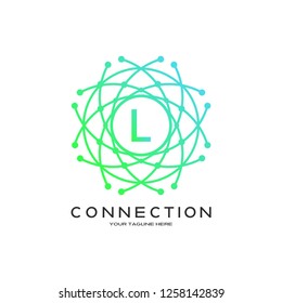Technology logo vector with world concept, industrial emblem or symbol, sign, earth shape, mono lines,creative tech icon design, illustration element, L