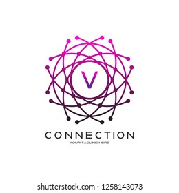 Technology logo vector with world concept, industrial emblem or symbol, sign, earth shape, mono lines,creative tech icon design, illustration element, V