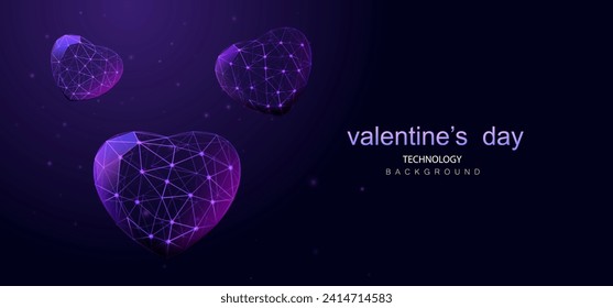 Technology Love futuristic wireframe hearts. Happy Valentine's Day vector banner. Ai data connect background.
