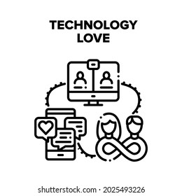 Concepto de icono del vector de relación de amor de la tecnología. Mensajes Encantadores En La Pantalla De Smartphone Y Videollamadas Sobre El Amor De La Tecnología Informática Que Se Mantiene A Distancia. Ilustración negra de medios sociales