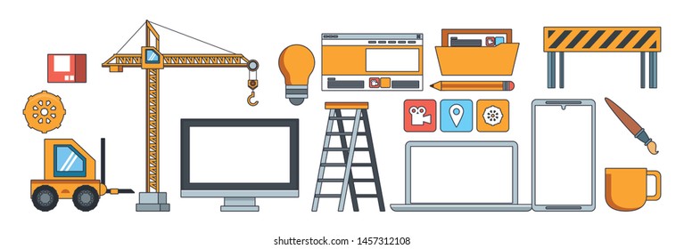technology maintenance support website construction set devices with engineer tools. vector illustration.