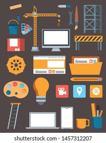 technology maintenance support website construction set devices with engineer tools. vector illustration.