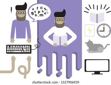 Technology man ideas, typing hands, ,reading a book, getting idea. Vector flat design elements