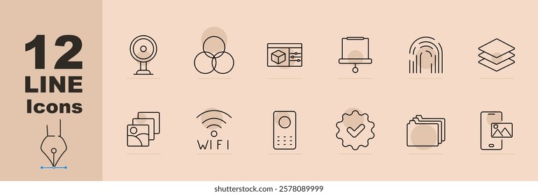 Technology management set icon. Webcam, Venn diagram, 3D cube interface, presentation board, fingerprint, layers, user profiles, Wi-Fi, remote control, settings cog, folder, smartphone photo