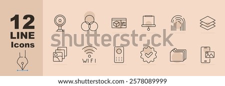 Technology management set icon. Webcam, Venn diagram, 3D cube interface, presentation board, fingerprint, layers, user profiles, Wi-Fi, remote control, settings cog, folder, smartphone photo