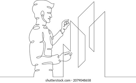IT technology manager.Engineer programmer drawing statistics graphs in virtual space.Information technologies.Data management. Analyst statistics business.One continuous line.One continuous draw logo