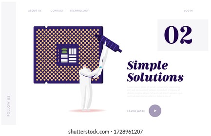Technology Manufacture, Central Computer Processors, Cpu Landing Page Template. Tiny Character in Protective Suit Set Up Huge Semiconductor Circuit Board or Digital Chip. Cartoon Vector Illustration