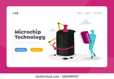 Technology Manufacture, Central Computer Processors, Cpu Landing Page Template. Tiny Character Set Up Huge Semiconductor Circuit Board or Motherboard Digital Chip. Cartoon Vector Illustration