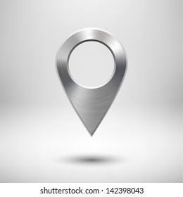 Technology map pointer (button, badge) template with metal texture (chrome, silver, steel), realistic shadow and light background for user interfaces (UI), applications (apps) and presentations.