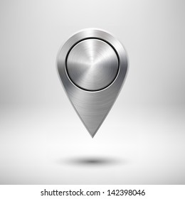 Technology map pointer (button, badge) template with metal texture (chrome, silver, steel), realistic shadow and light background for user interfaces (UI), applications (apps) and presentations.