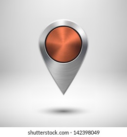 Technology map pointer (button, badge) template with bronze metal texture (chrome, silver, steel, copper), realistic shadow and light background for user interfaces (UI), and applications (apps).