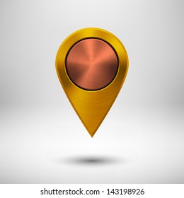 Technology map pointer (button, badge) template with gold metal texture (chrome, silver, steel), realistic shadow and light background for user interfaces (UI), applications (apps) and presentations.