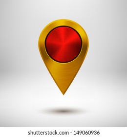 Technology map pointer (button, badge) template with gold metal texture (chrome, silver, steel), realistic shadow and light background for user interfaces (UI), applications (apps) and presentations.