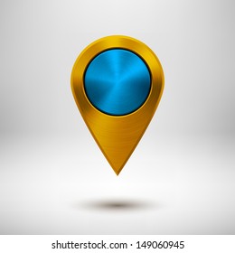 Technology map pointer (button, badge) template with gold metal texture (chrome, silver, steel), realistic shadow and light background for user interfaces (UI), applications (apps) and presentations.