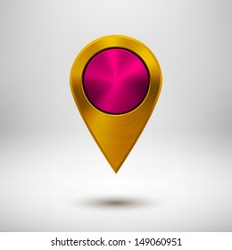 Technology map pointer (button, badge) template with gold metal texture (chrome, silver, steel), realistic shadow and light background for user interfaces (UI), applications (apps) and presentations.