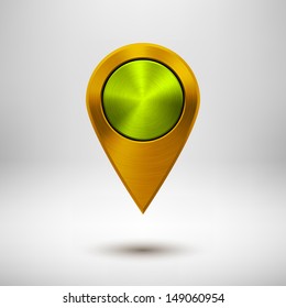 Technology map pointer (button, badge) template with gold metal texture (chrome, silver, steel), realistic shadow and light background for user interfaces (UI), applications (apps) and presentations.