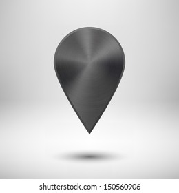 Technology map pointer (button, badge) template with black metal texture (chrome, silver, steel), realistic shadow and light background for user interfaces (UI), applications (apps) and presentations.