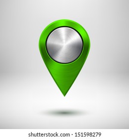 Technology map pointer (button, badge) template with green metal texture (chrome, silver, steel), realistic shadow and light background for user interfaces (UI), applications (apps) and presentations.