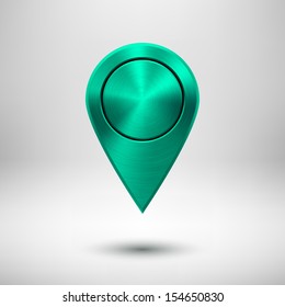 Technology map pointer (button, badge) template with green metal texture (chrome, silver, steel), realistic shadow and light background for user interfaces (UI), applications (apps) and presentations.
