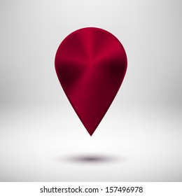 Technology map pointer (button, badge) template with maroon (dark red) metal texture (chrome, silver, steel), realistic shadow and light background for user interfaces (UI) and applications (apps).