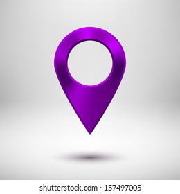 Technology map pointer (button, badge) template with purple (violet) metal texture (chrome, silver, steel), realistic shadow and light background for user interfaces (UI) and applications (apps).