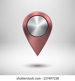 Technology map pointer (button, badge) template with pink metal texture (chrome, silver, steel), realistic shadow and light background for user interfaces (UI), applications (apps) and presentations.