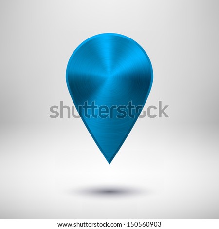 Technology map pointer (button, badge) template with blue metal texture (chrome, silver, steel), realistic shadow and light background for user interfaces (UI), applications (apps) and presentations.