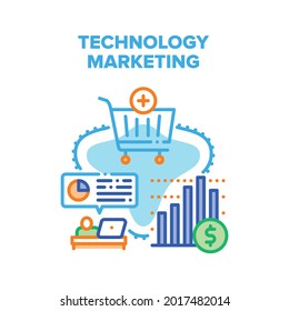 Technology Marketing Vector Icon Concept. Technology Marketing For Advertising Purchase Goods In Internet Store And Manager Working For Growth Selling. E-commerce Color Illustration
